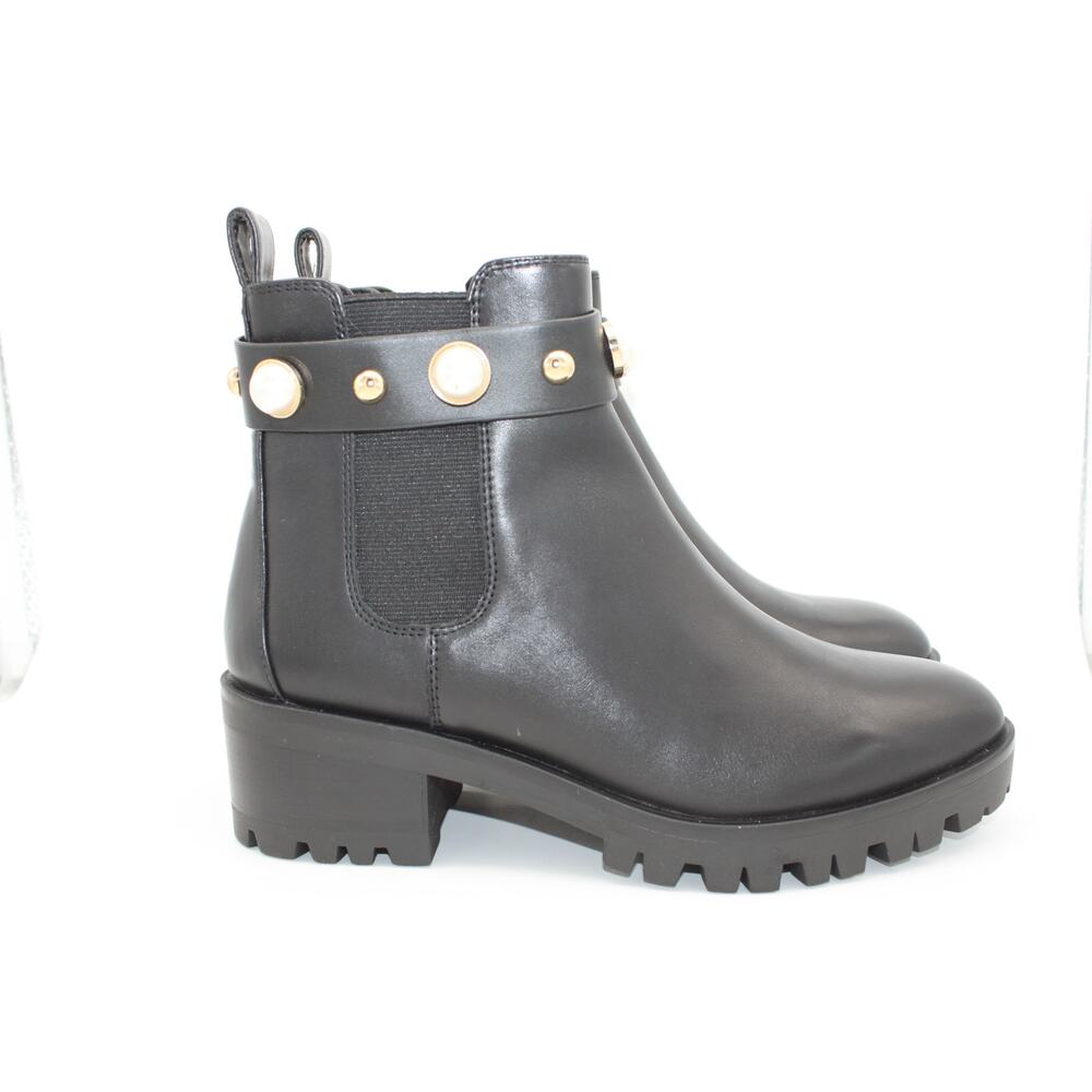 NWT Karl Lagerfeld Paris Pola Black Smooth Calf Lea Gold Pearl Boots Size 7.5M - Picture 7 of 13